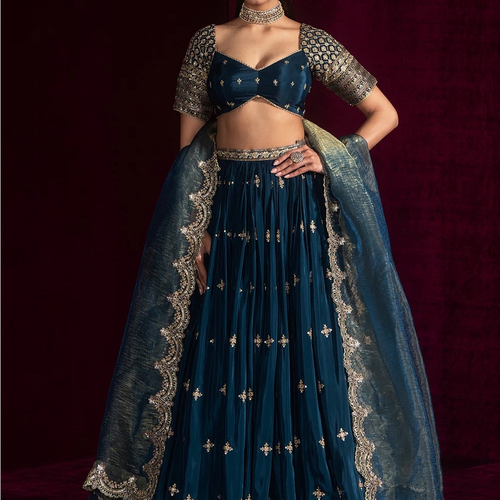 Teal green embroidered lehenga Indian style wedding sari